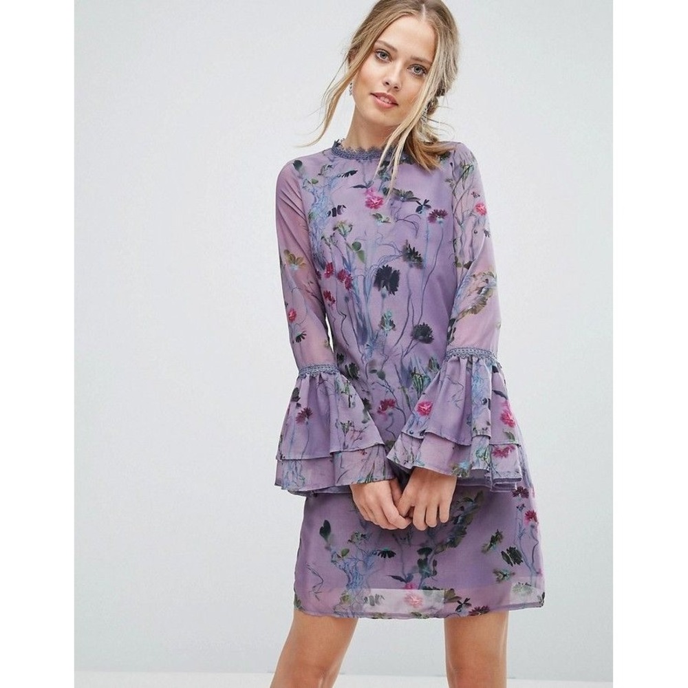 Little Mistress Dress Floral Mini 14 Purple Bell Sleeve Lace Trim Mesh